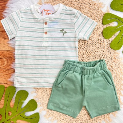 Conj. Camiseta Listrada Coqueiros e Bermuda - Off White e Verde